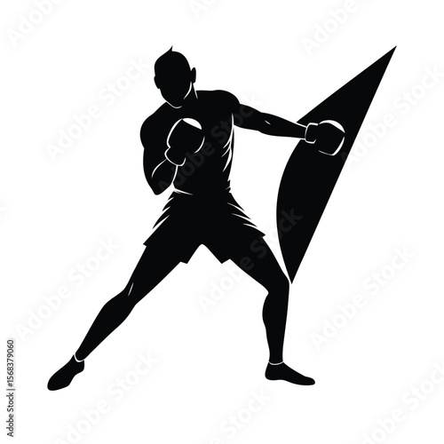 Boxer fighter training with shield silhouette vector illustration