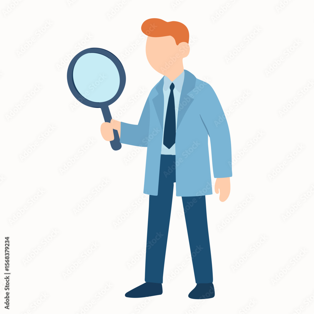 Flat Illustration Man in Lab Coat Holding Magnifying Glass Character Flat Illustration Man in Lab Coat Holding Magnifying Glass Character