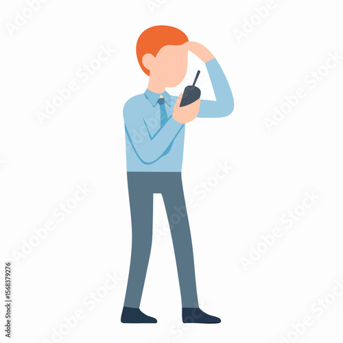 Flat Style Confused Businessman Holding Radio Communication Device Character