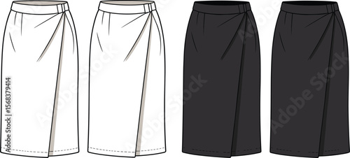 Wrap pencil skirt flat sketch, front and back view, women’s fashion technical drawing with pleats, elegant skirt template for clothing and apparel design
