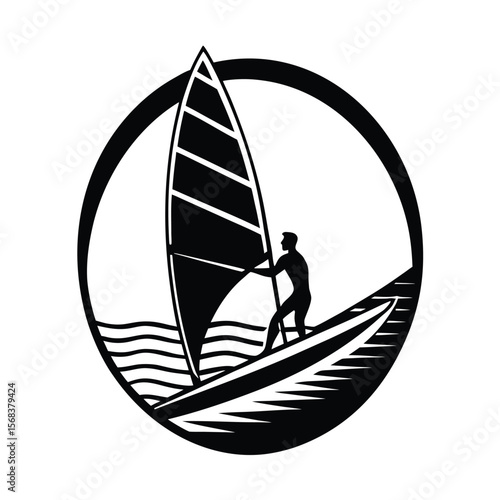Windsurfer on water inside circle frame silhouette vector illustration