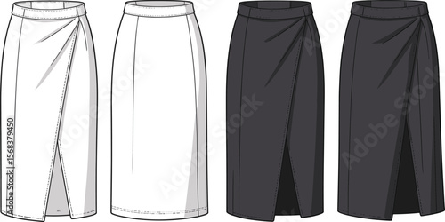 Wrap pencil skirt fashion flat sketch, front and back view, high waist fitted skirt with slit, women’s garment template, technical clothing illustration