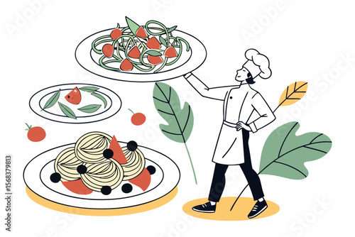Chef's Culinary Creation: A professional chef presents an array of expertly plated dishes. The minimalist style of art highlights the focus on food and culinary mastery. 