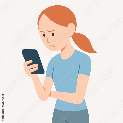 Flat Style Woman Looking At Phone with Suspicious Expression Character