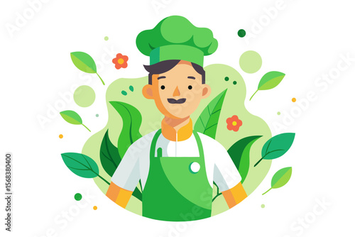 Culinary Craft in Bloom: A skilled culinary artisan stands at the heart of nature's artistry, harmoniously weaving together flavors and greenery.