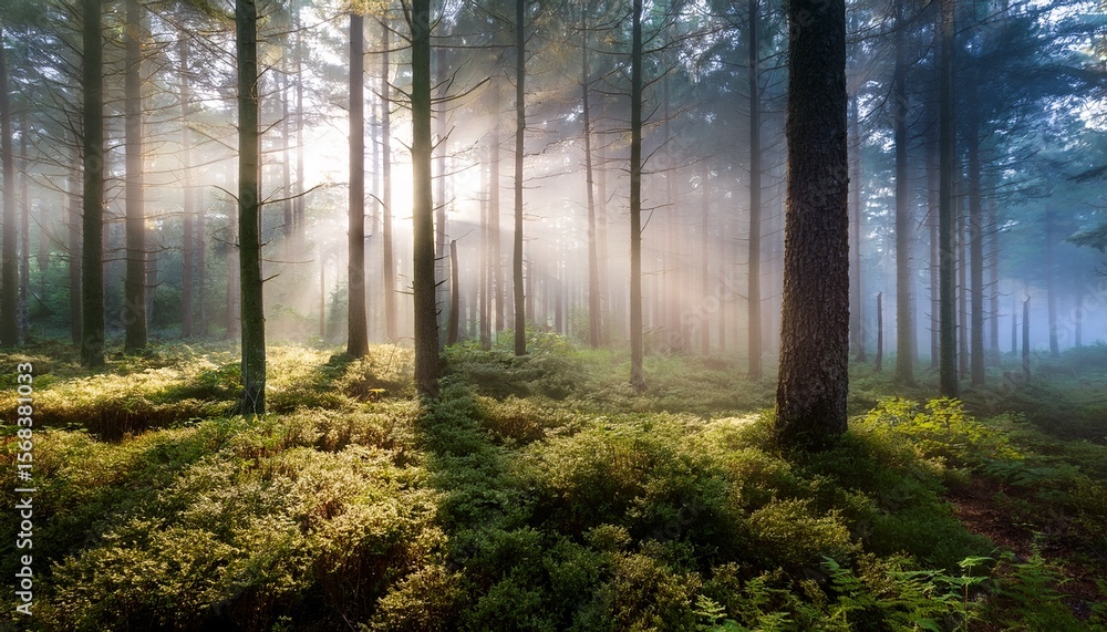 Obraz premium serene forest morning with misty light through trees