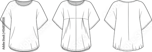 Women’s loose fit dolman sleeve top – front, side, and back technical flat sketches of relaxed silhouette blouse with pleats, seams, and curved hem.