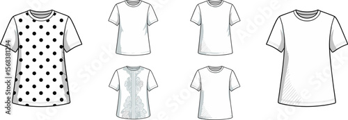 Women’s basic T-shirt flat sketch set – short sleeve crew neck tee design templates with front/back views, patterns, and fashion detailing for garment CAD use.