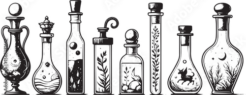 Assorted mystical potion bottles with fantastical elements glass corked
