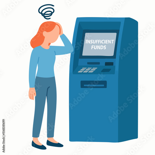 Simple Flat Illustration Frustrated Woman at ATM with Insufficient Funds