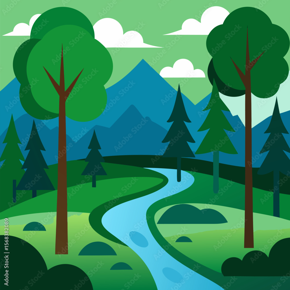 Obraz premium Forest scene with many trees and river vector landscape background.