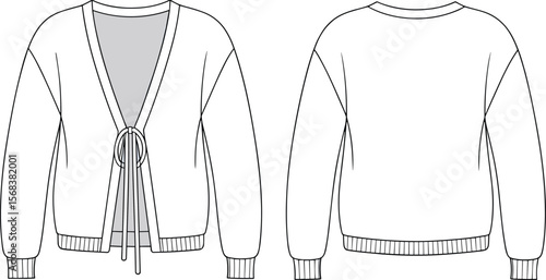 Women’s ribbed hem cardigan with tie front and O-ring detail, fashion technical flat sketch for clothing CAD, stylish knitwear outerwear top design