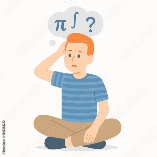 Cartoon Style Confused Boy with Math Symbols Thought Bubble Illustration
