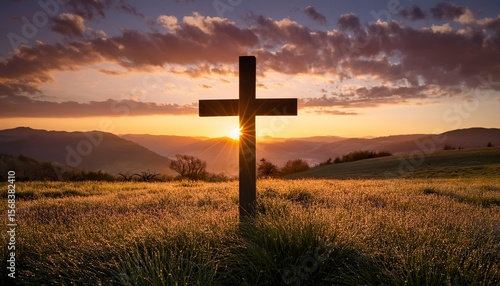 dramatic sunrise behind easter cross in field colorful sky and dewy grass enhance spiritual and serene springtime setting with distant hills