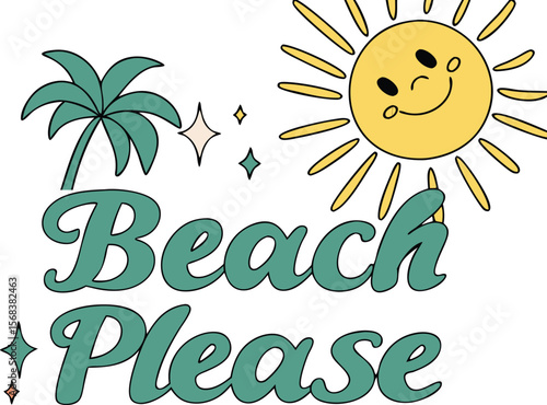 Smiling cartoon sun brightens a summer beach with a happy face illustration