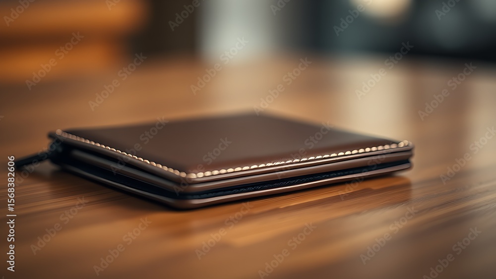 A sleek wallet lies on a wooden surface, highlighted by warm ambient lighting in a minimalist setting. A sleek wallet lies on a wooden surface, highlighted by warm ambient lighting in a minimalist setting.