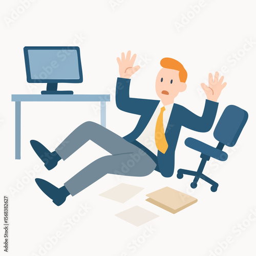 Flat Design Businessman Fall Down From Chair Because of Stress Illustration