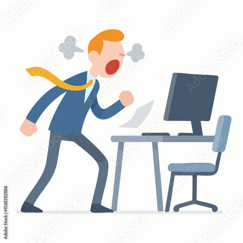 Flat Illustration Annoyed Businessman at Desk with Computer Office Scene