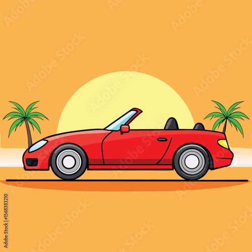 Vector art of a red convertible cruises along a tropical road at sunset