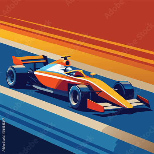 Vector art of an orange formula racecar speeds along a colorful track