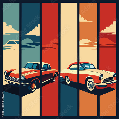 Vector art of two vintage cars are displayed in a retro, colorful collage