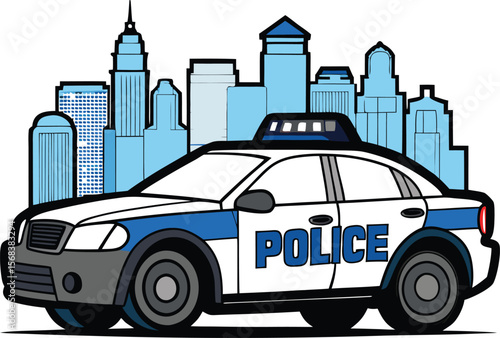 Vector art of a police car stands in front of a city skyline isolated on white background
