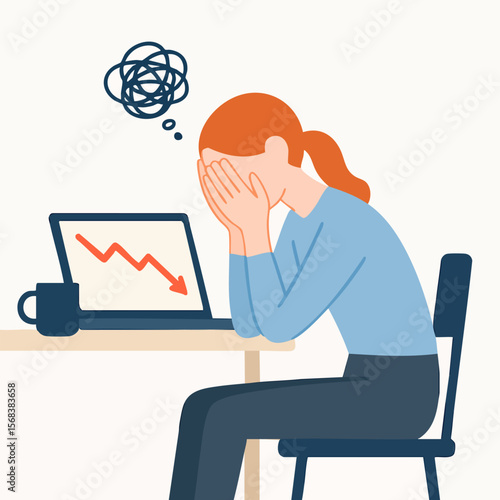 Flat Illustration of a Depressed Businesswoman with Falling Graph on Laptop