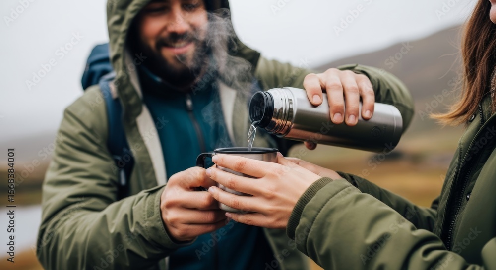Couple enjoying hot drink from thermos flask during outdoor hiking adventure, sharing warm moment together in mountain wilderness landscape. Couple enjoying hot drink from thermos flask during outdoor hiking adventure, sharing warm moment together in mountain wilderness landscape.