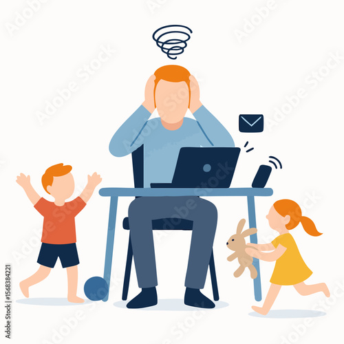 Flat Illustration Stressed Father Working From Home While Taking Care of Children