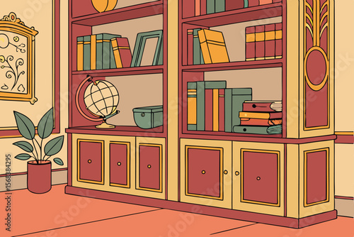 8 colorful bookshelves with books, globes, plants, and other decorative items,intricate details, warm tones, highly detailed,digital art