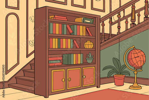8 colorful bookshelves with books, globes, plants, and other decorative items,intricate details, warm tones, highly detailed,digital art