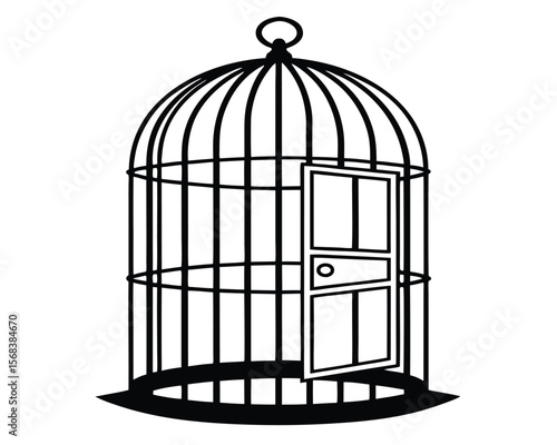 Vector illustration of a birdcage with open door symbolizing freedom or escape in black and white.