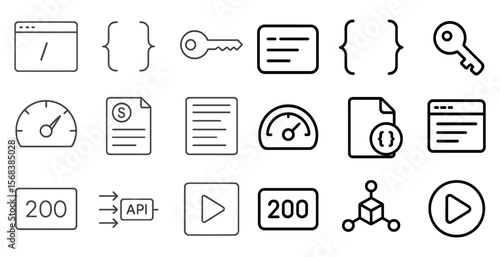 Set of icons for a computer program. The icons include a key, a speedometer, a file, and a play button