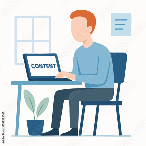 Flat Illustration of Man Working on Laptop at Desk Inside Room