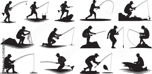 Diverse fishing poses silhouettes black and white people