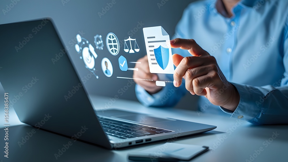 Compliance in business concept. Businessman using laptop with compliance icon, ensuring the enforcement of laws, regulations, and standards. Stay in line with business policies. Compliance in business concept. Businessman using laptop with compliance icon, ensuring the enforcement of laws, regulations, and standards. Stay in line with business policies.