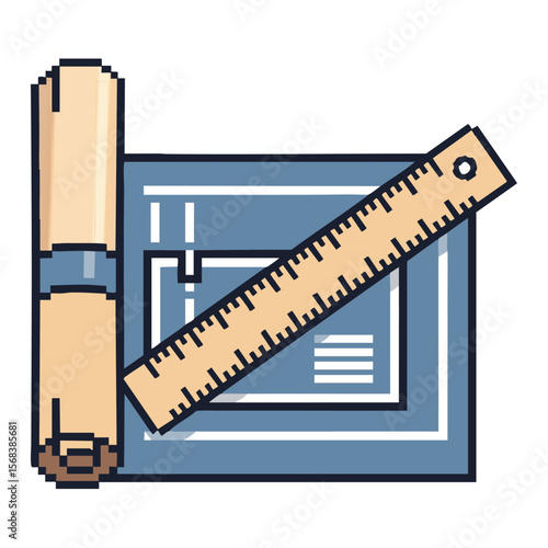 Blueprint Design: Pixel Art of Architectural Plans, Ruler, and Rolled Drawings
