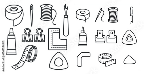Collection of sewing tools and supplies. The image is a collection of various sewing tools and supplies, including scissors, needles, thread, and other items