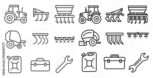 Series of farm equipment icons are shown in a line. The icons include tractors, a tractor cab, a tractor cab with a toolbox, a tractor cab with a toolbox and a toolbox