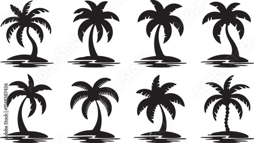 Vector art of collection of palm tree silhouettes isolated on white background