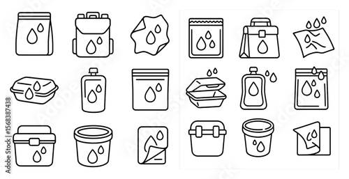 Set of icons depicting various containers and bags, including a lunch bag, a lunch box, a plastic container, a plastic bag, a plastic cup, a plastic bottle, a plastic bowl, a plastic container, a pl