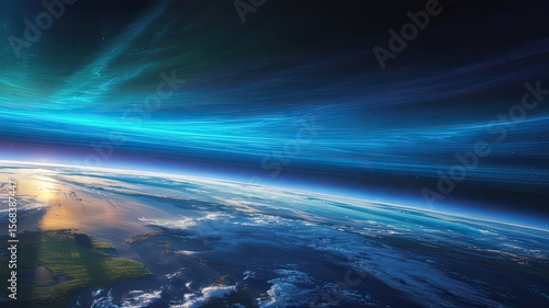 Stunning earth view from space featuring atmosphere and auroral lights above the horizon in a vivid and abstract artistic composition.