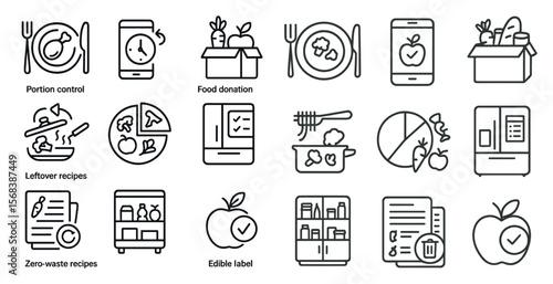 Set of icons for food and nutrition, including a clock, a box, a fork, a knife, a plate, a bowl, a carrot, a refrigerator, a microwave, a toaster, a pizza, a salad, a sandwich,
