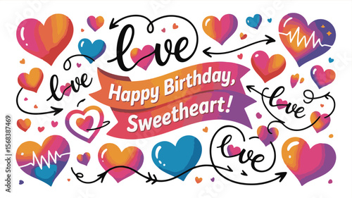 Vector art of happy birthday sweetheart with love hearts and heartbeat