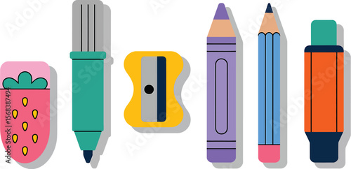 A flat lay illustration of stationery items including pencils and a sharpener