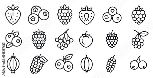Collection of fruit icons, including strawberries, blueberries, raspberries, and apples. The icons are all drawn in black and white and are arranged in a grid