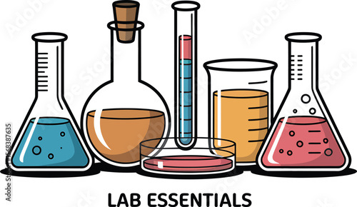 Illustration of various laboratory glassware filled with different colored liquids