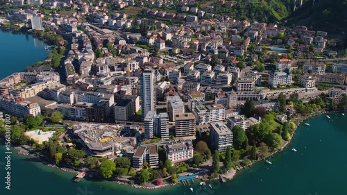 A panoramic aerial view around the old town of the city Montreux in Switzerland on a sunny spring noon
