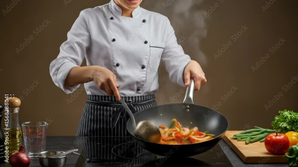 Chef Stir-Frying Vegetables in Wok - A chef in a white uniform skillfully stir-fries vegetables in a wok on a modern induction cooktop. Chef Stir-Frying Vegetables in Wok - A chef in a white uniform skillfully stir-fries vegetables in a wok on a modern induction cooktop.