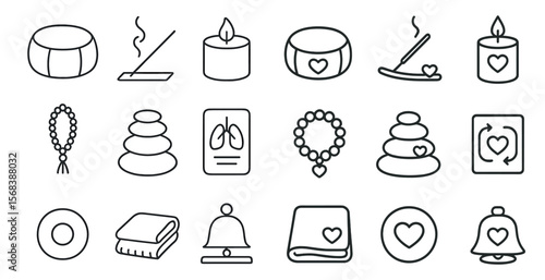 Collection of symbols and icons, including a heart, a bell, and a pillow. The symbols are arranged in a grid, with some overlapping each other. Scene is peaceful and calming, with the pillow